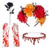 4-Piece Set Halloween Party Costume Rose Flower Headband Novelty Horror Necklace Gloves  for Women