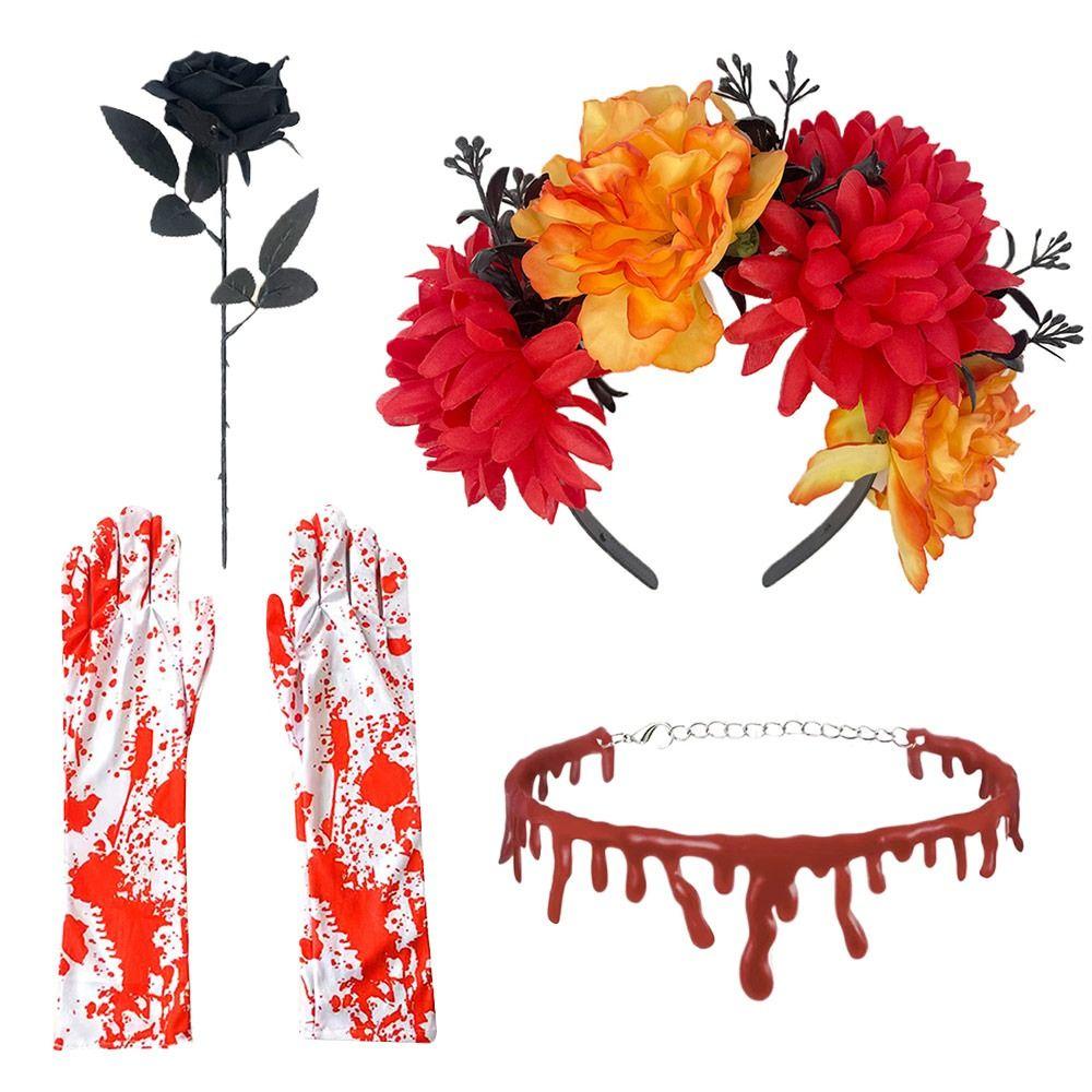 4-Piece Set Halloween Party Costume Rose Flower Headband Novelty Horror Necklace Gloves  for Women
