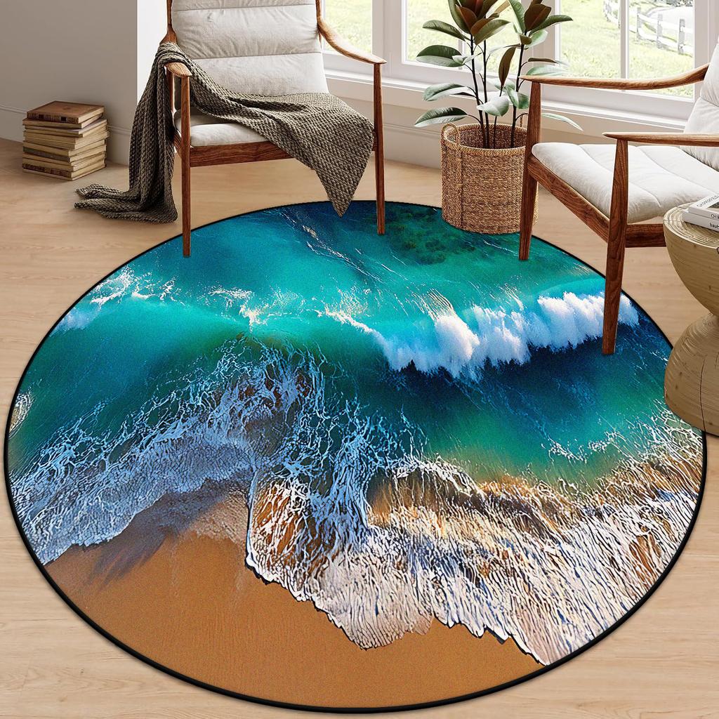 3D Beach Round Carpet Living Room Decoraiton Modern Light Luxury Large Room Lounge Rug Bedroom Decor Soft Fluffy Study Chair Mat