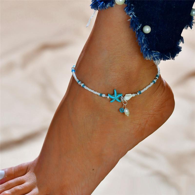 Modyle Vintage Silberfarbene Perlen Seestern Fußkettchen Für Damen Handgefertigt Perlen Fußkettchen Sommer Strand Fußschmuck