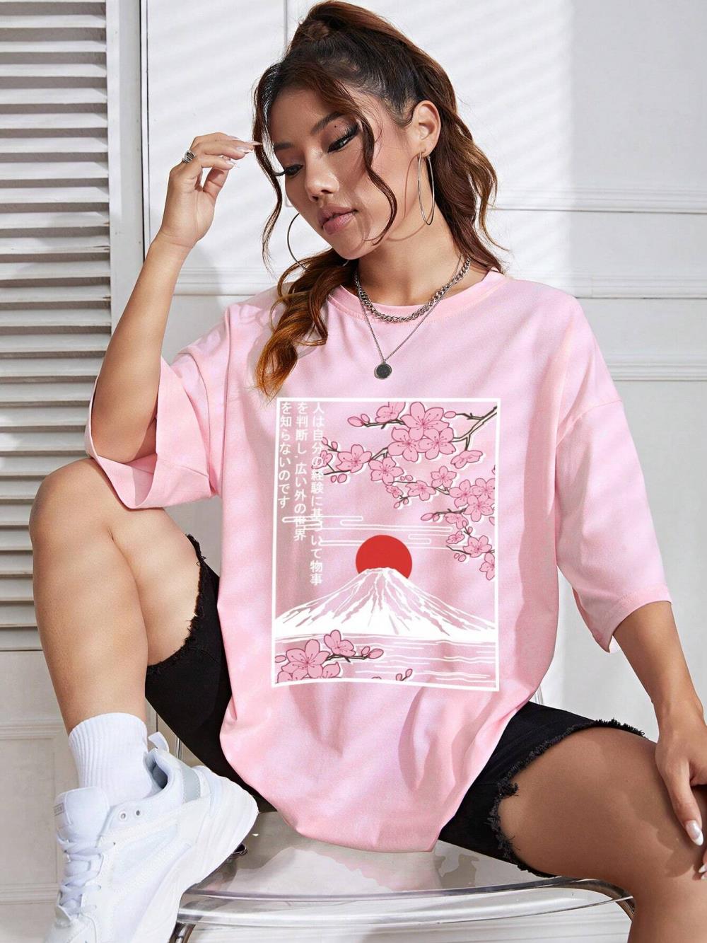 

Japanese Style Women Cotton Tshirts Mount Fuji Cherry Blossoms Printing Tee Summer Casual ONeck Loose Short Sleeve Clothes S