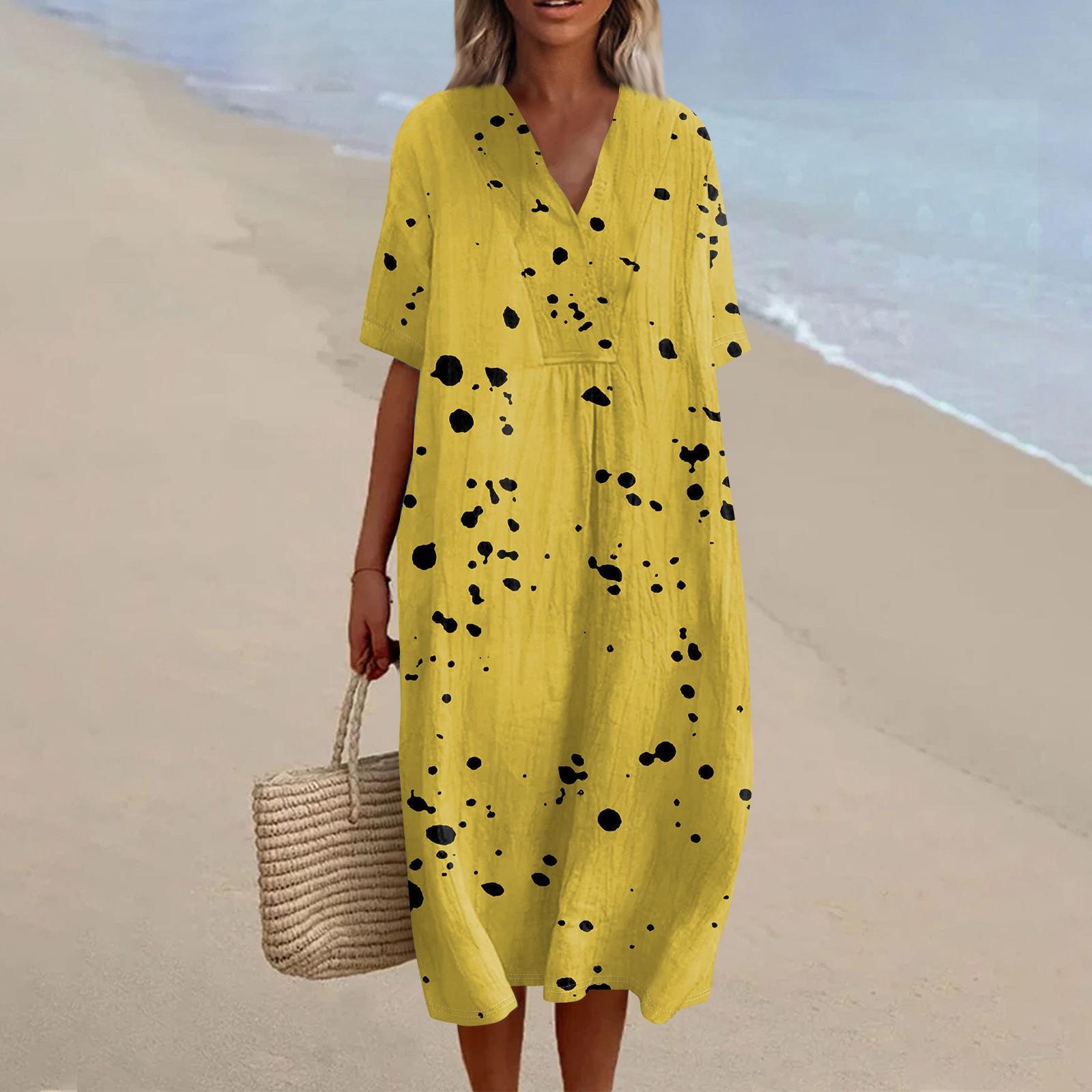 

Женское свободное повседневное модное платье с V-образным вырезом и принтом, пляжная юбка XL жёлтый