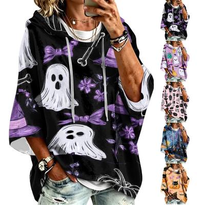 Blusa Pulôver com Capuz Estampada de Halloween para Mulheres com Mangas 3/4 para Uso Casual no Dia a Dia