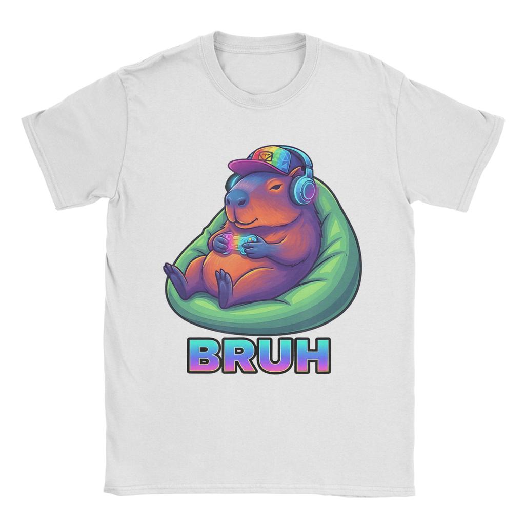 Funny Capybara Bruh Video Games Lovers T Shirts for Men Pure Cotton Novelty TShirts O Neck  Tee Shirt Short Sleeve Clothing