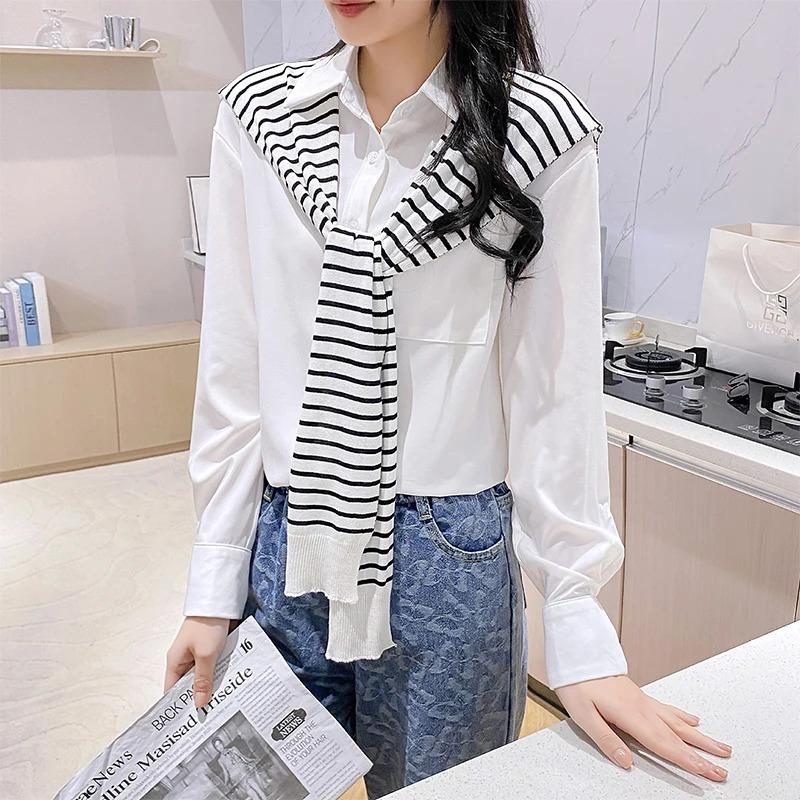 Korean Striped Knitted Warm Shawl Winter Female Blouse Shoulders Fake Collar Cape Knotted Scarf Stripe Outerwear