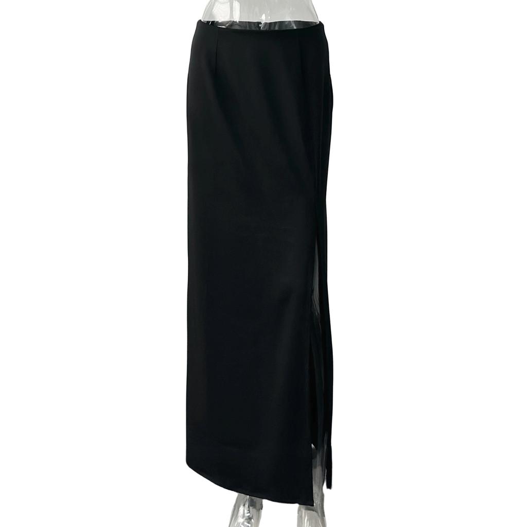 Europe, America, black skirt women's spring and summer, high waist split fork straight hip wrap a word suit dress