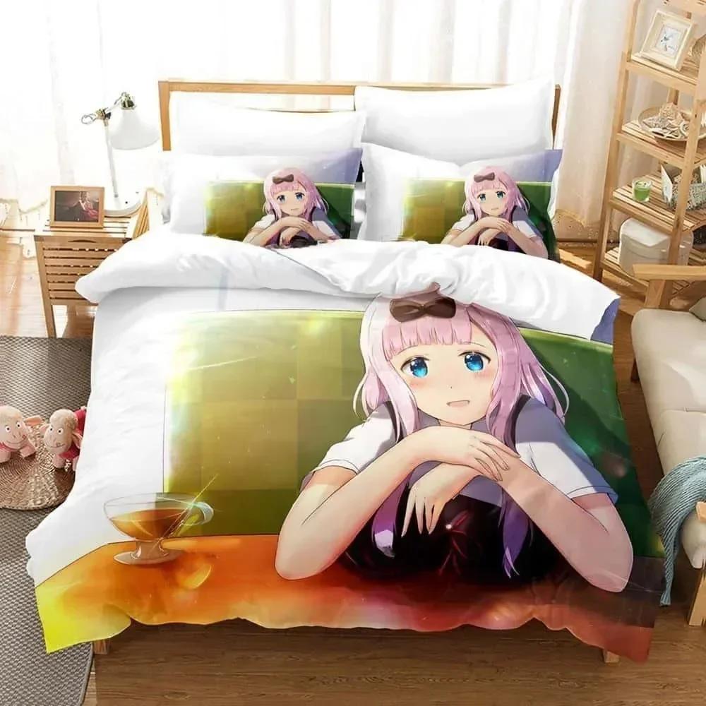 3D Print Anime Kawaii Girls Kaguya-Sama Love Is War Bedding Set Printed Bed Set With Pillowcase Duvet Cover Soft Bedclothes Home
