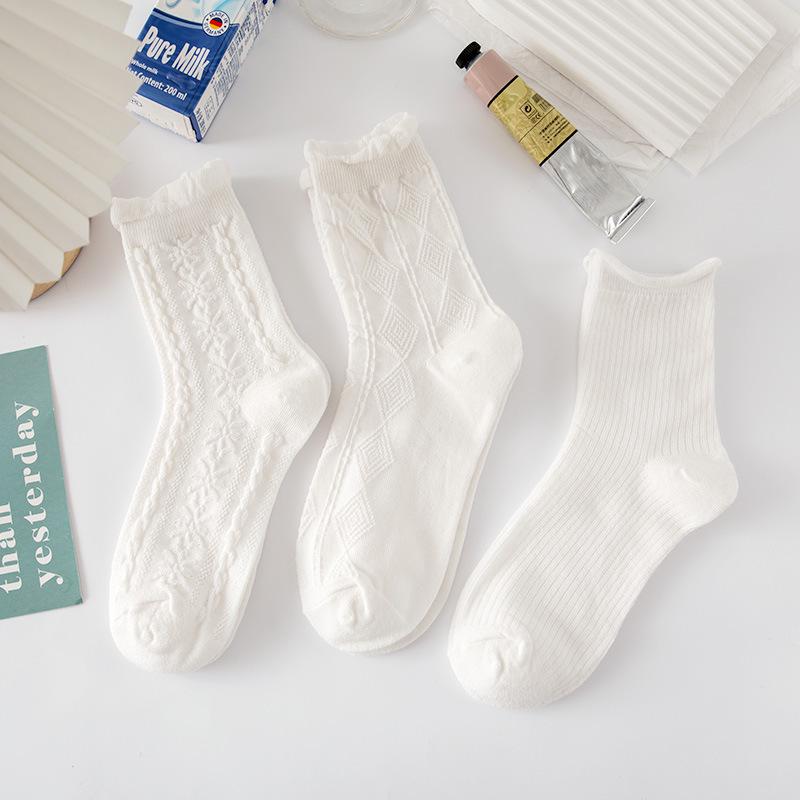 White Cute Japanese JK Lace Socks for Women - Trendy Mid-Calf, Spring & Summer Long Lolita Style