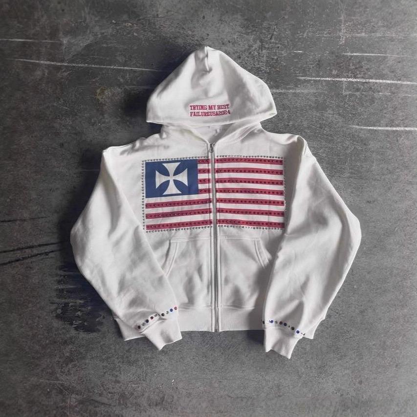 STREETRICH Autunno Nuovo Bandiera Nazionale Design Minimalista Contrasto di Colori Fantasia Felpa con Cappuccio da Uomo Harajuku Y2k Larga con Zip Felpa in Cotone