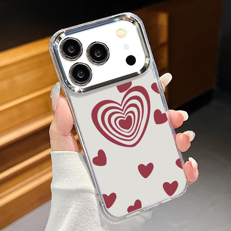 Silky Love Hearts Pattern Case For iPhone 17 Pro Max Plating Lens Frame Clear Soft Cover For iPhone 16 15 14 13 Pro Max 11 16E 17E