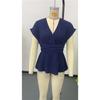 Damen V-Ausschnitt Kurzarm Peplum Bluse Lässig Wickel Taille Slim Fit Sommer T-Shirt Top