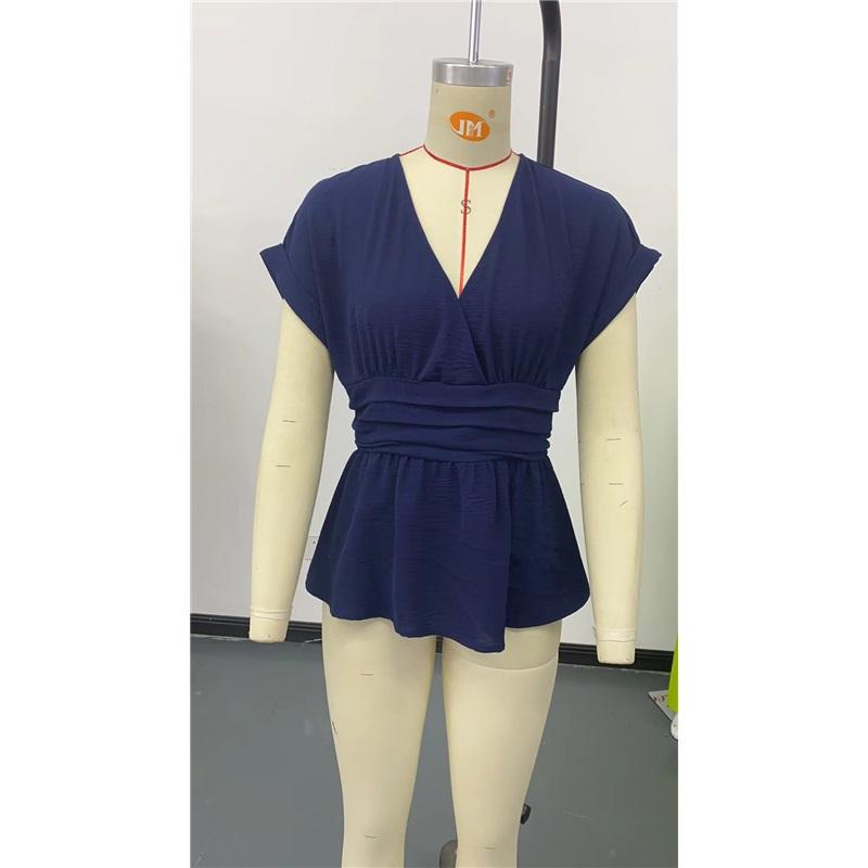 Damen V-Ausschnitt Kurzarm Peplum Bluse Lässig Wickel Taille Slim Fit Sommer T-Shirt Top