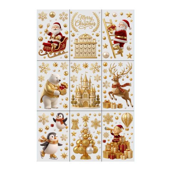 Santa Claus Window Decor 9Pcs Christmas Clings, Golden Static Stickers, Glue Free Decals with Festive Glass Stickers Elk Castle and Tree Patterns for
