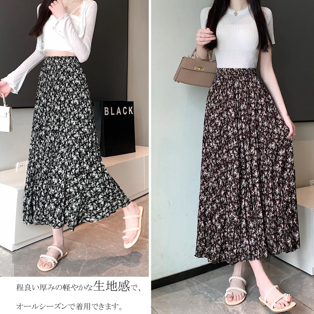 Pleated Solid Floral Long High Relaxed Elastic Everyday [CCGGOWMM] Women's Skirt, Color, Print, Skirt, Lined, Waist, Simple, Slimming, Fit, Waist,