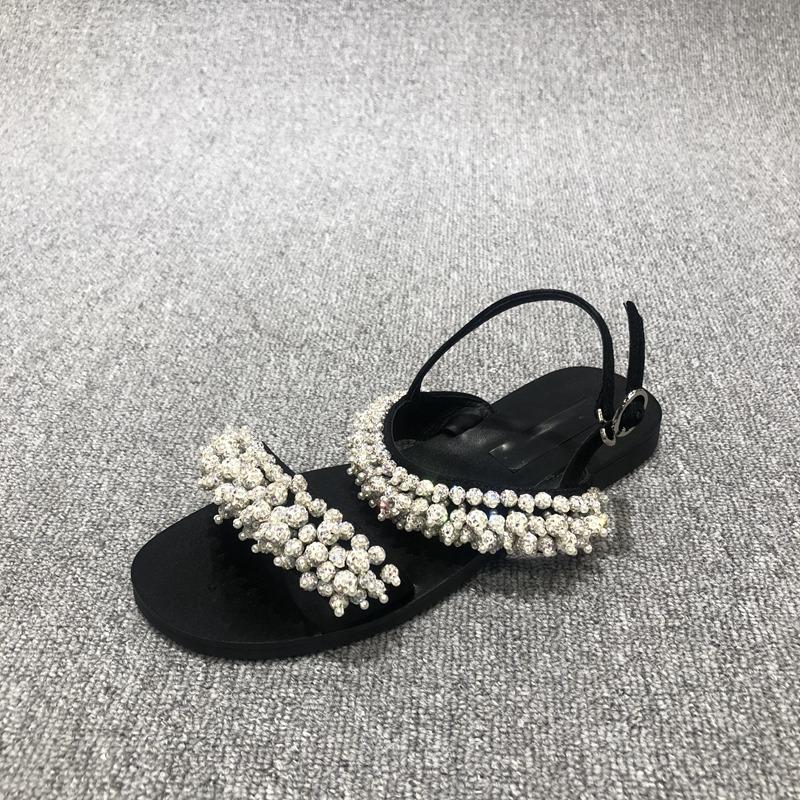 European Station 2025 Summer New European Women's Shoes Pearl Sandals One-word Buckle with Beaded Open-toed Flat Sandals Women