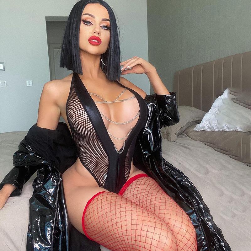 New sexy backless transparent mesh chain onesie sex set support