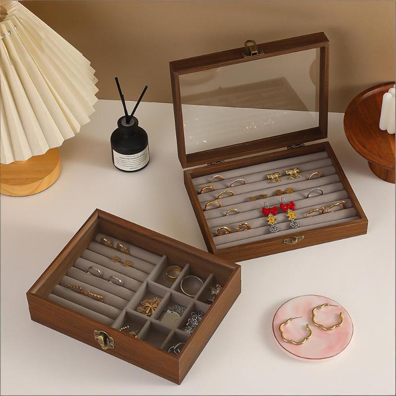 Retro Valnøddetræ Farve Smykkeboks Med Låg Støvtæt Ring Ørering Armbånd Organizer Der Separation Smykkeboks