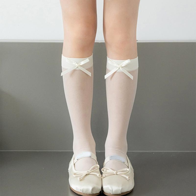 Soft & Breathable Girls Under Knee Length Socks Lovely Bowknot Accent Middle Tube Socks Stockings Enjoy Sweet Charm