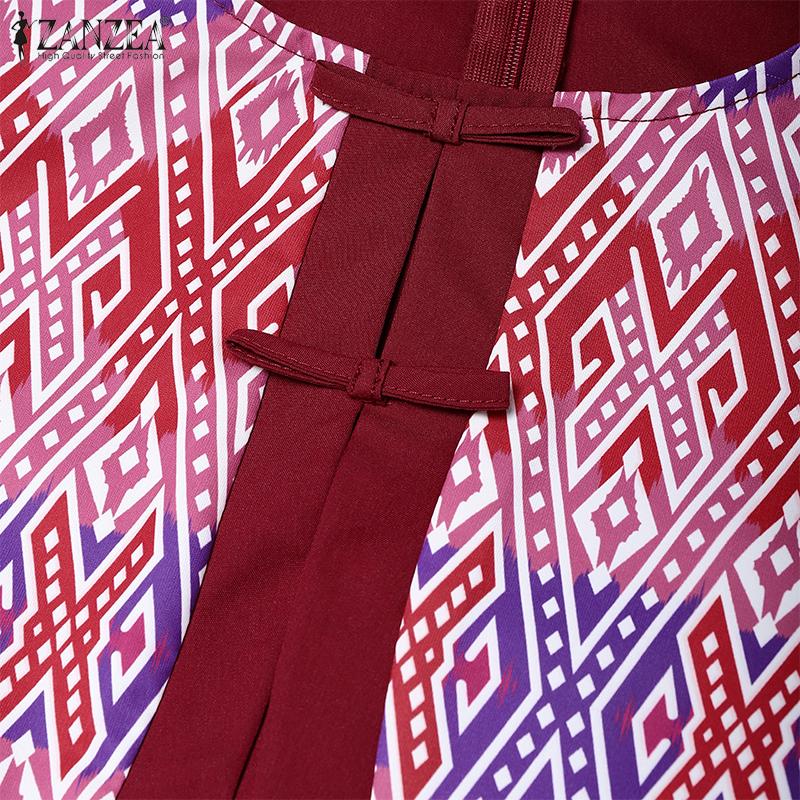 ZANZEA Women Casual Fake Two Piece Patchwork Retro Print Short Sleeve Dress