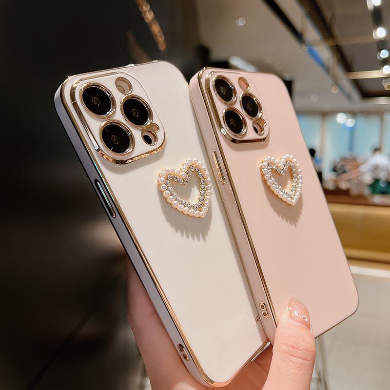 Ins Plating Couple Pearl Diamond Soft Silicon Phone Case For Iphone 13 Pro Max Mini 12 11 7 8 Plus X Xs Xr Se 2 Heart Love Cover