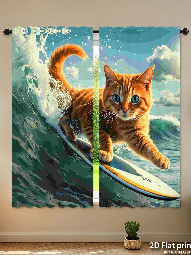 Piece Set High Definition Digital Printed Curtainsorange Tabby Cat Surfing Wave Colorful Vibrant Dynamichome Decoration Curtain Polyester