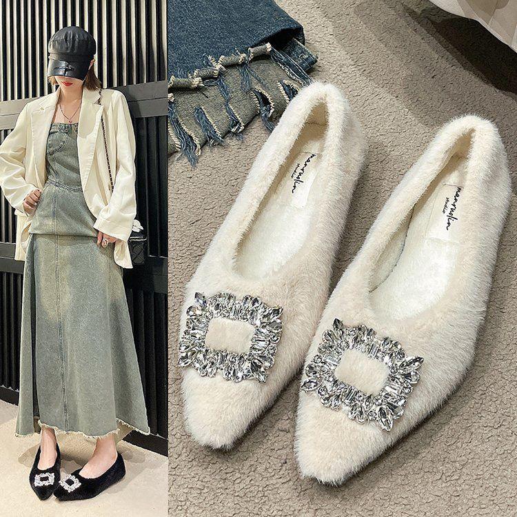 Women's flat-soled single shoes, Doudou velvet outer wear Korean version of fluffy shoes, women's pointed cotton shoes