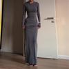Women's Crew Neck Long Sleeve Maxi Dress Slim Fit High Waist Solid Ruched Bodycon Club Dress