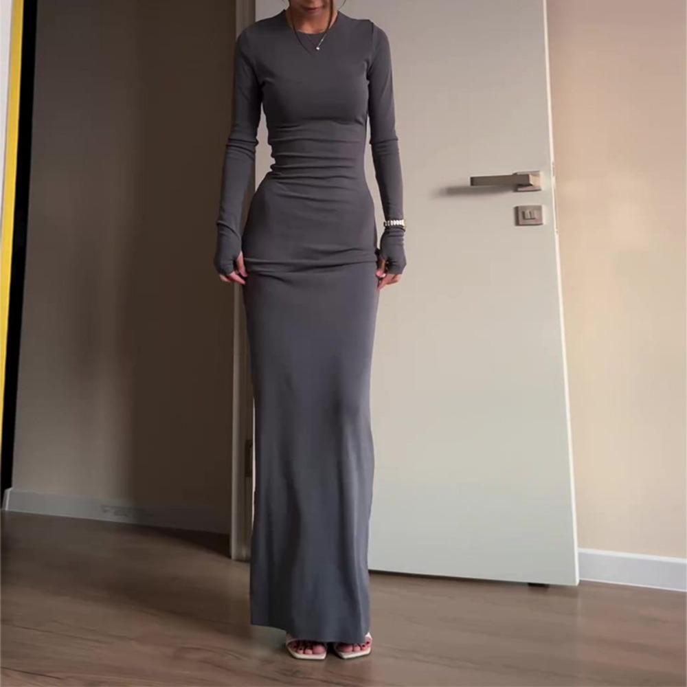 Women's Crew Neck Long Sleeve Maxi Dress Slim Fit High Waist Solid Ruched Bodycon Club Dress