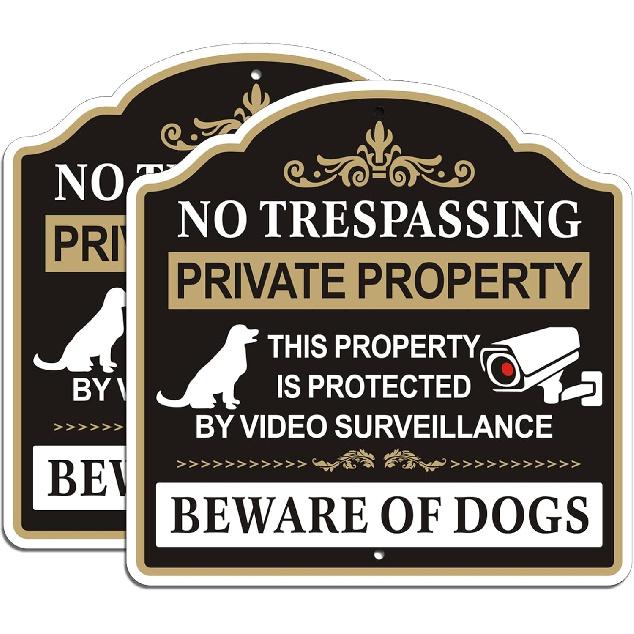 No Trespassing Beware of Dogs Sign - 2 Pack, 10” x 10” Rust Free Aluminum Private Property Sign, Weatherproof, Fade Resistant, Easy Mounting.