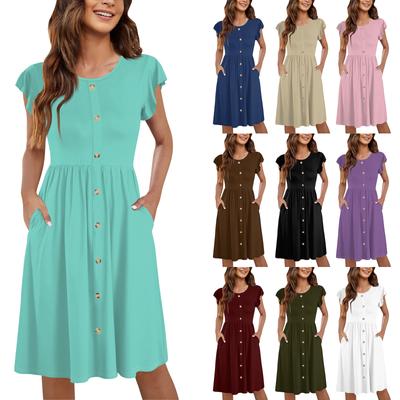 Women's Summer Round Neck Fly Sleeve Casual Loose Swing Button Pocket Midi Dresses
