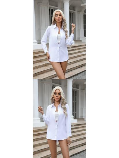 Women's White Chiffon BF Style Loose Mid-Length Long Sleeve Shirt