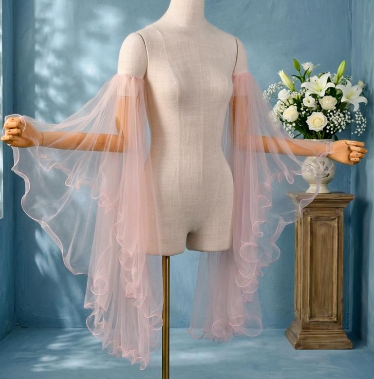 Maniche a Soffio Lunghe Staccabili in Tulle, Maniche Finte Ruffled in Rete Trasparente Off-Shoulder per Abito da Sposa, Abito da Sera/Prom