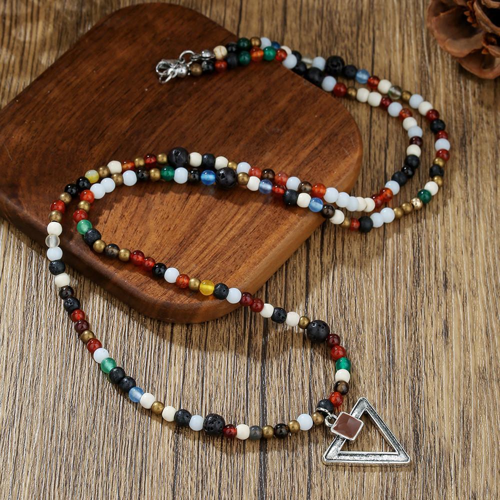 Tribal Pattern Handmade Long Pendant Necklace With Volcano Stone And Glass Beads For Daily Wear