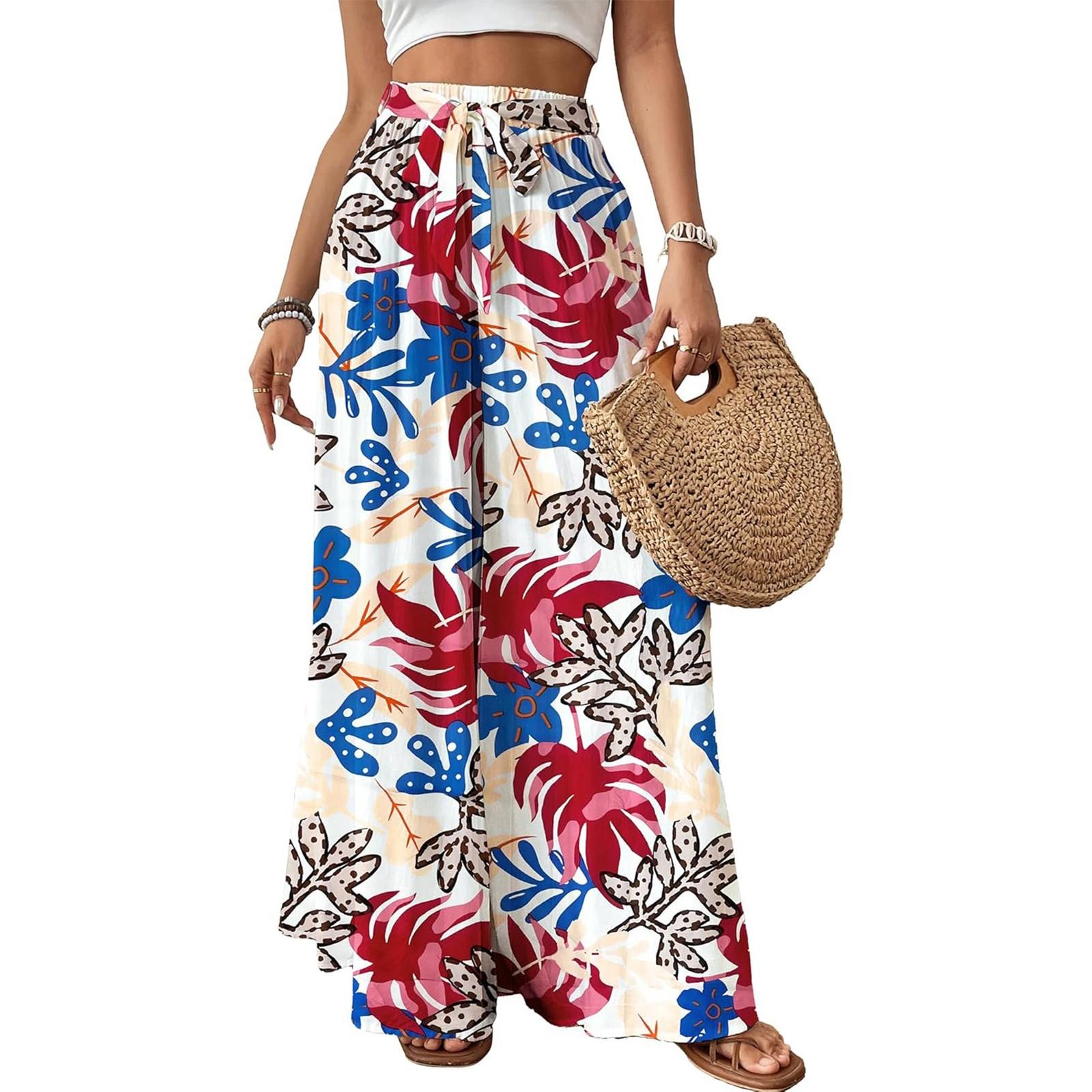 

Женские модные свободные повседневные брюки с цветочным принтом и эластичным поясом XL красный