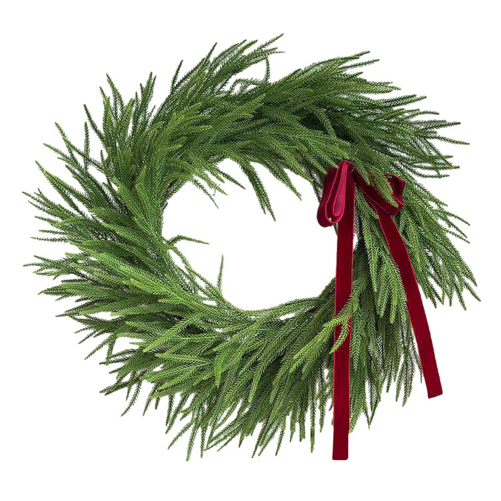 Artificial Norfolk & Cedar Christmas Wreath With Velvet Bow – Real Faux Holiday Front Door Decoration For Indoor Outdoor Use