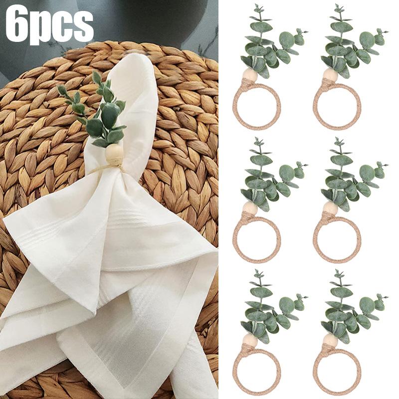 Eucalyptus Leaves Napkin Ring Wedding Napkin Holder Buckles with Wood Bead Easter Home Table Decoration Birthday Party Supplies