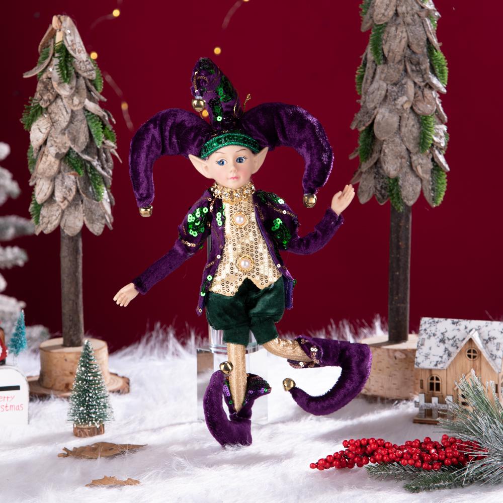 Purple-Green-Gold Sequin Christmas Elf Doll