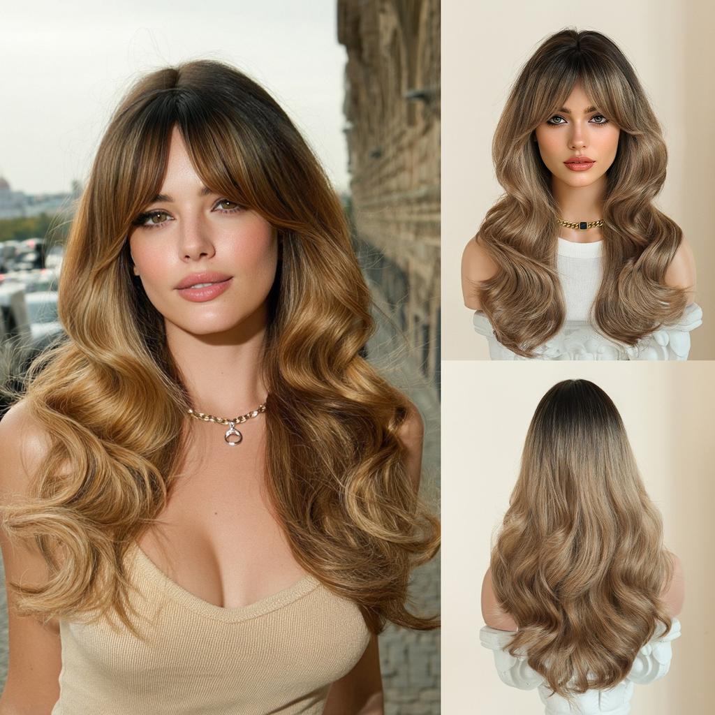 European Style Gradient Gray Medium Long Curly Wig 20 Inch Curtain Bangs Fluffy Heat Resistant Synthetic Wig for Women Daily