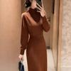 Hepburn Style High-Neck Knit Dress for Women - Waist-Cinching Autumn/Winter 2025 Collection
