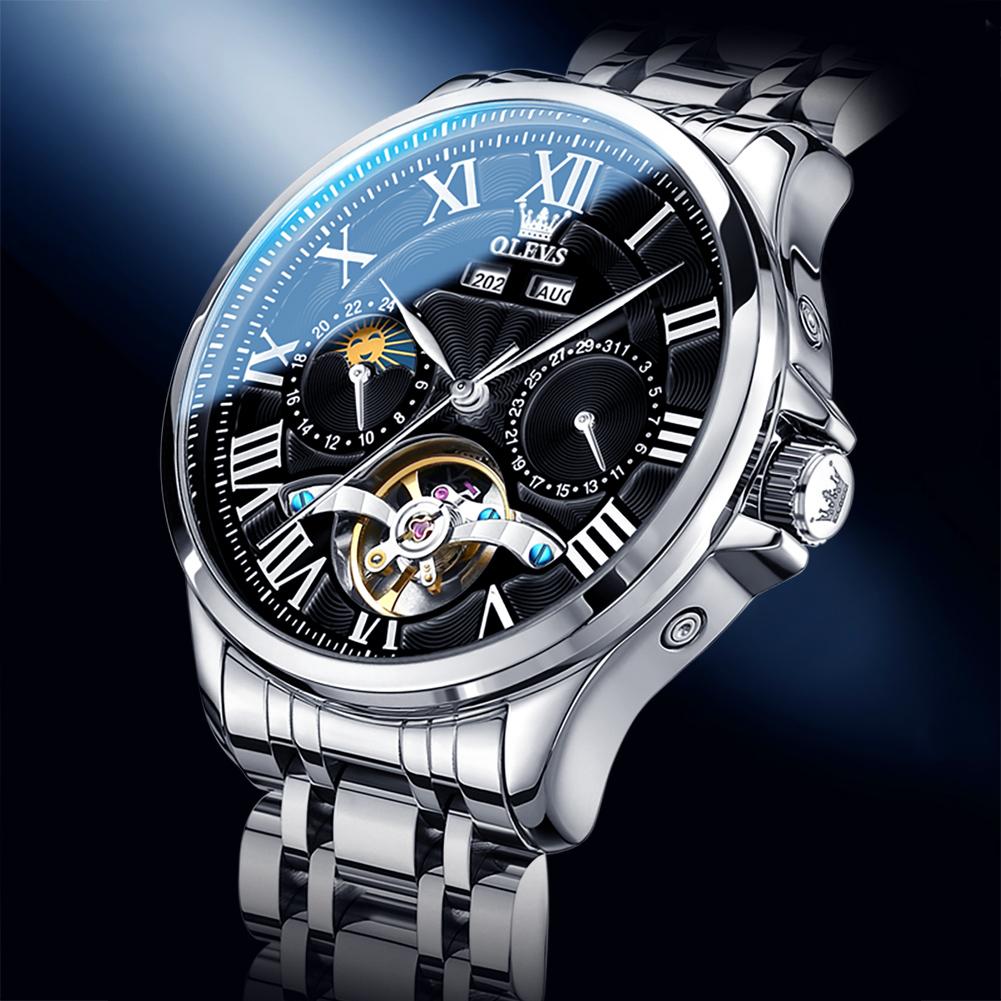 OLEVS Men's Multi-functional Automatic Mechanical Watch Rome Time Dial Waterproof Wristwatch Tourbillon Watches For Men