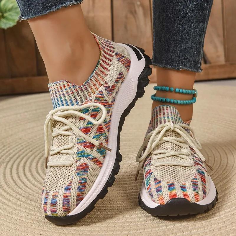 Fashion Ladies Shoes 2025 Outdoor Knitted Women's Vulcanize Shoes Breathable Women Sneakers Mixed Colors Low Heel Lace Up Casual Shoes