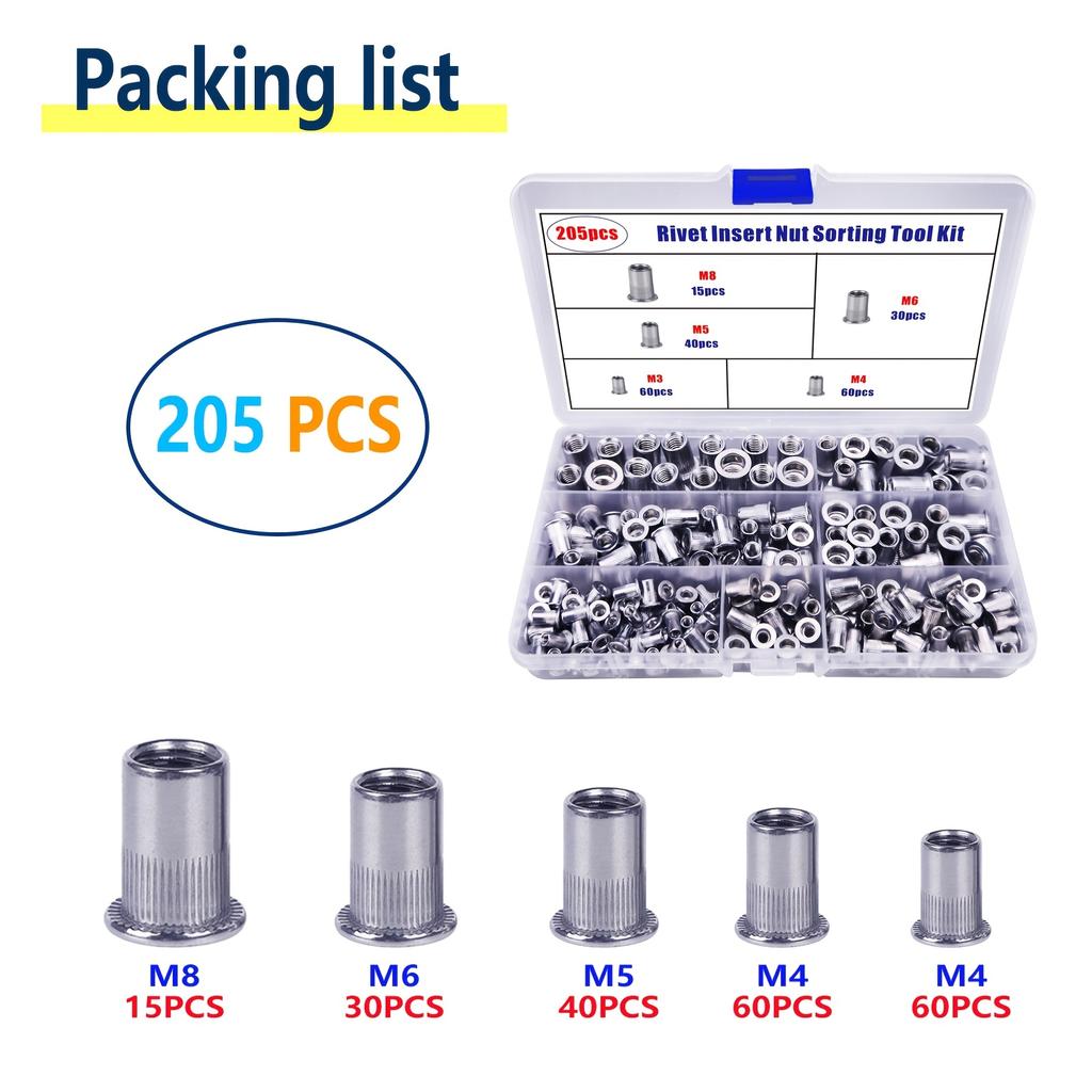 205pcs Aluminum Rivet Nut Set, Knurled Flat Head Threaded Insert Nuts, Right Hand Thread, Unthreaded, for Sheet Metal, Furniture, Automotive
