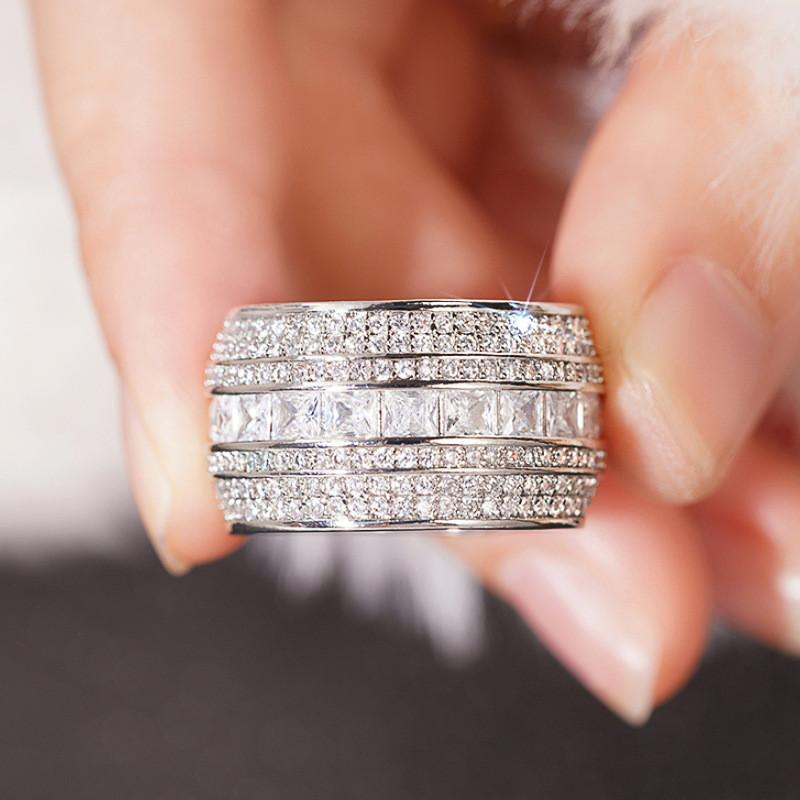925 Sterling Silver Luxury Fully Inlaid Zirconia Ring Fashion Female Wedding Band Gorgeous Shinning Finger Accessories for Party