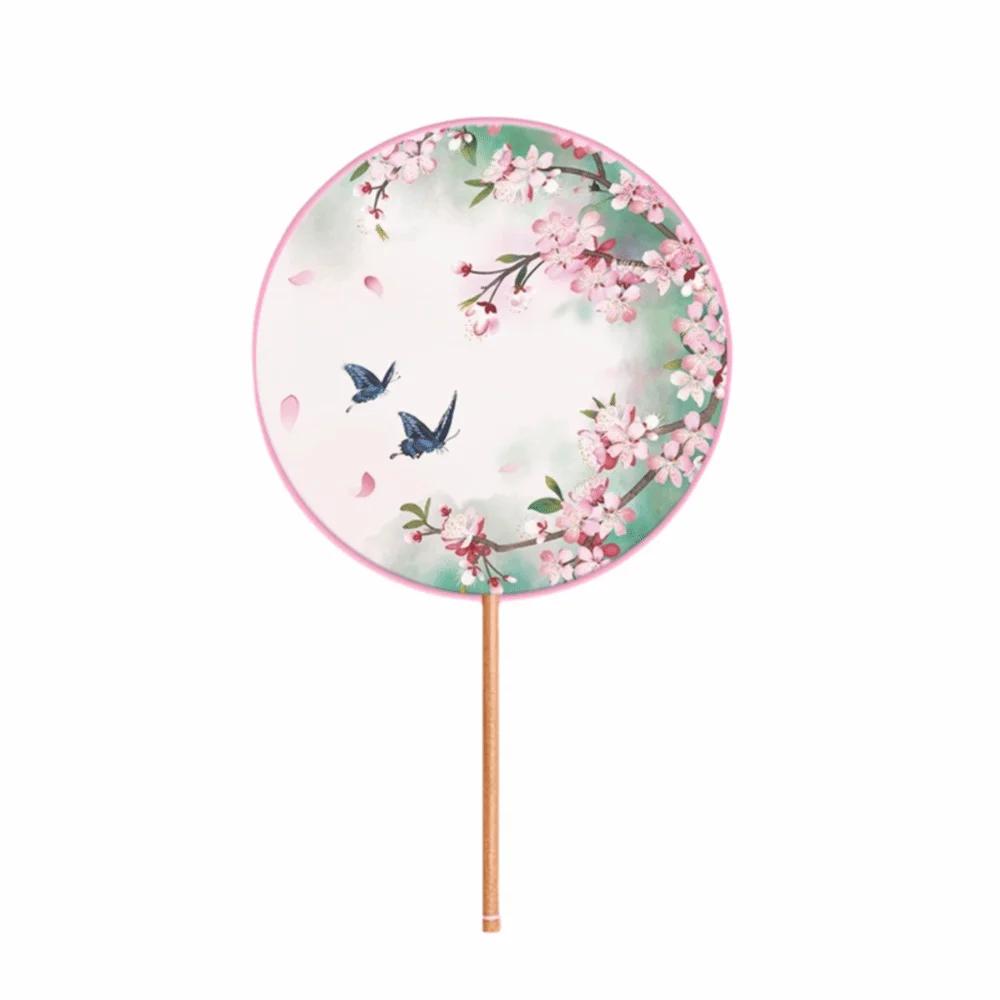 Half Transparent Ancient Style Fan Long Handle Vintage Printing Dance Fan Silk Embroidered Small Round Embroidered Fan