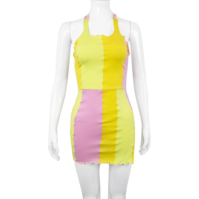 

Сексуальное облегающее платье с контрастной строчкой и бретельками через шею Женское облегающее платье без рукавов с открытыми плечами Элегантное платье для клубной вечеринки Vestidos L жёлтый