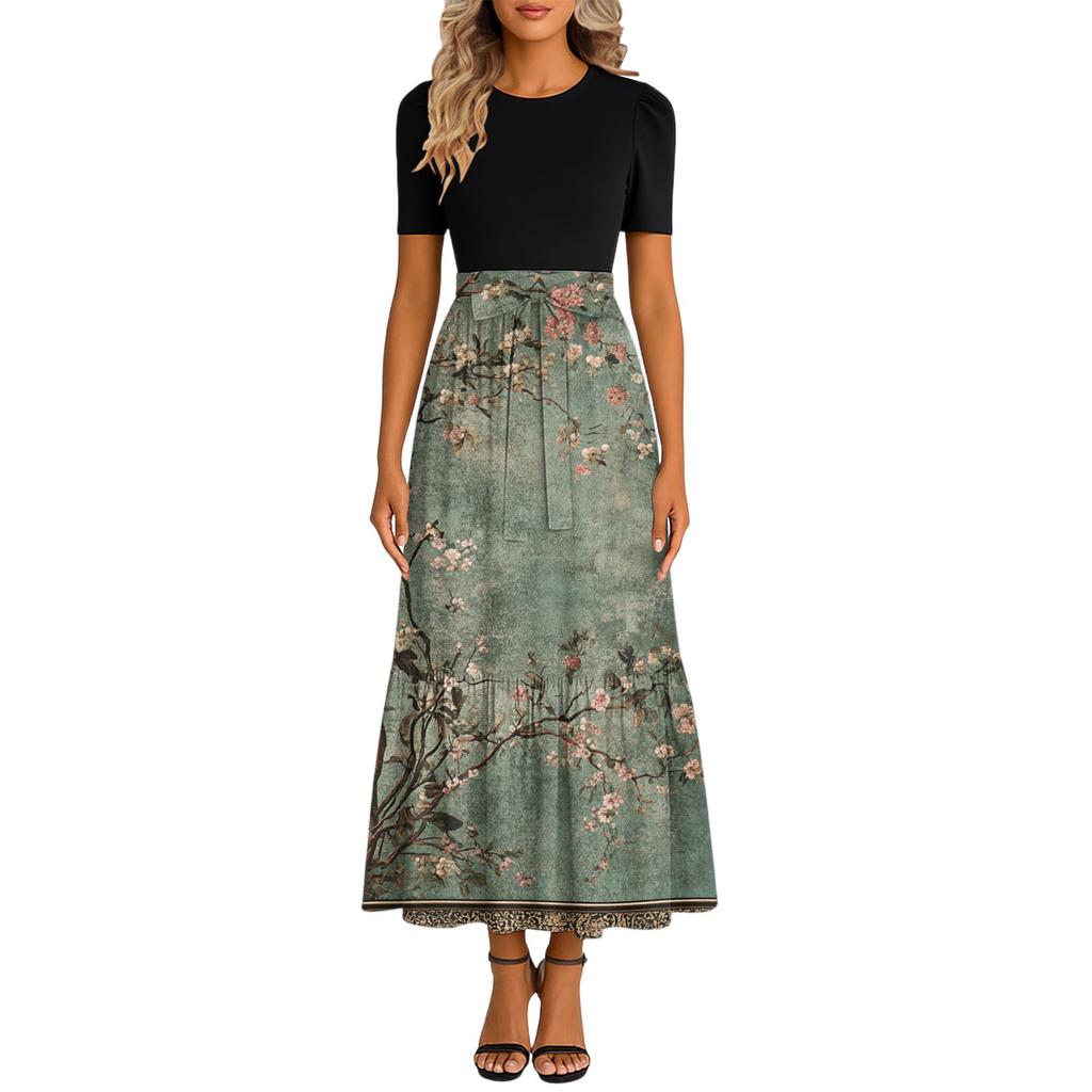 Women's Fashionable Casual Belt Short Sleeved Round Neck Print Elegant Temperament Dress