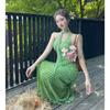 French polka dot streamer neck dress women's summer temperament green skirt waist hip skirt vacation dress