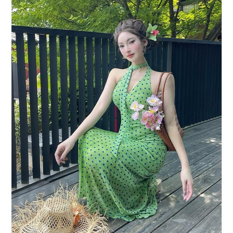 French polka dot streamer neck dress women's summer temperament green skirt waist hip skirt vacation dress