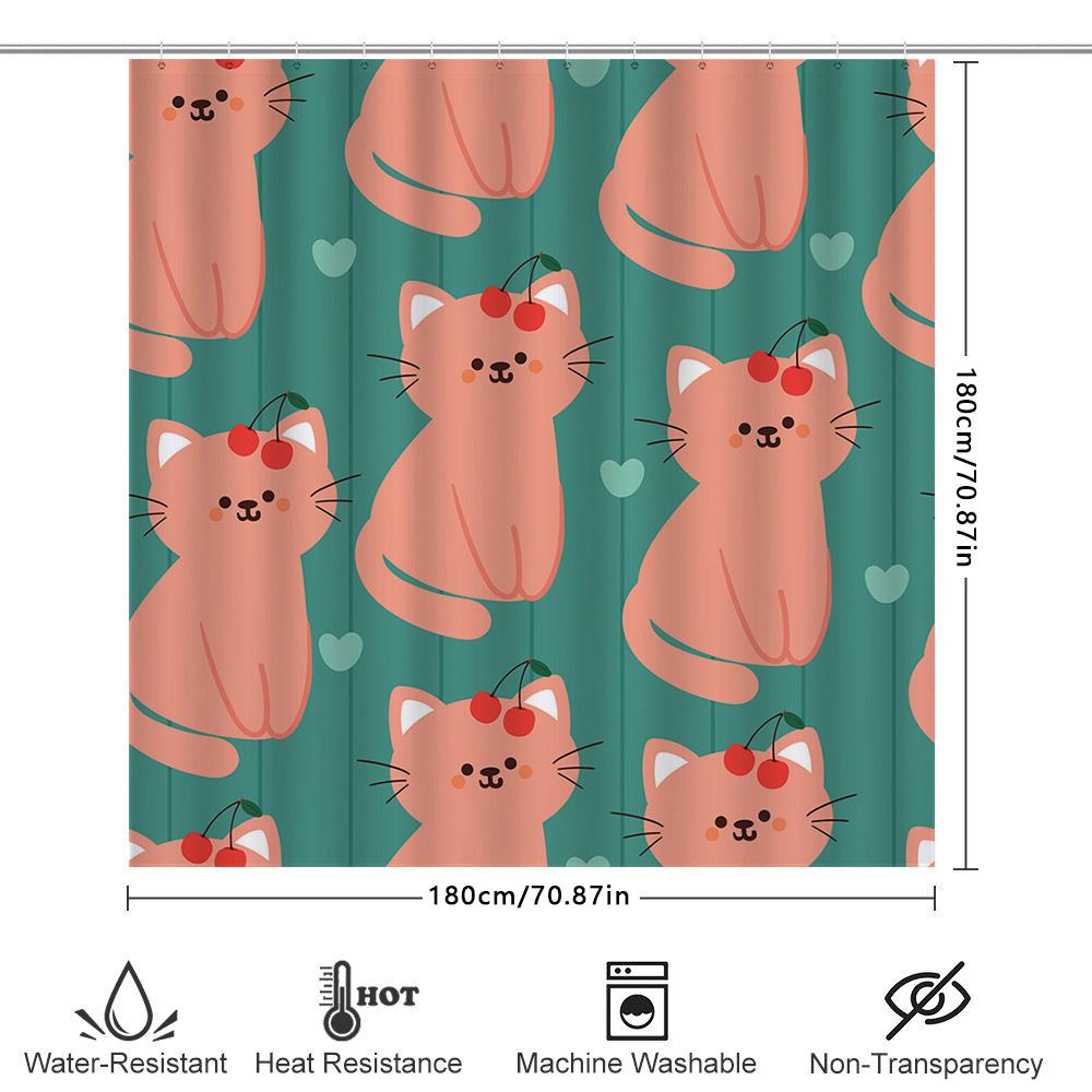 Polyester Waterproof Shower Curtain Featuring Cartoon Cherry Cats Design For Bathroom Decor, Available In Blue Green Colorway Wi