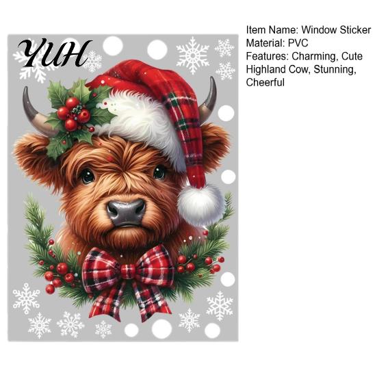 DIY Glass Clings for Living Room Christmas Window Clings, Cute Highland Cow Sticker with Santa Hat, Winter Modern Interior Decoration Stickers